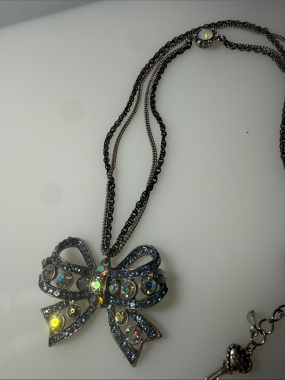 Betsey Johnson Iridescent Crystal Bow Necklace in Black and Silver